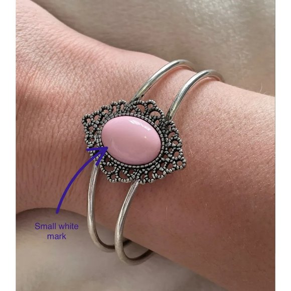 Vintage Pink Stone Silver Toned Hinged Bangle Bracelet - Picture 6 of 6